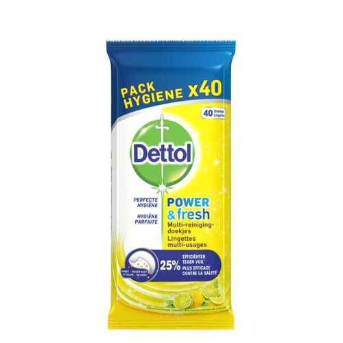 Dettol Power & Fresh Frissítő Citrom & Lime univerzális felülettisztító törlőkendő 40 db