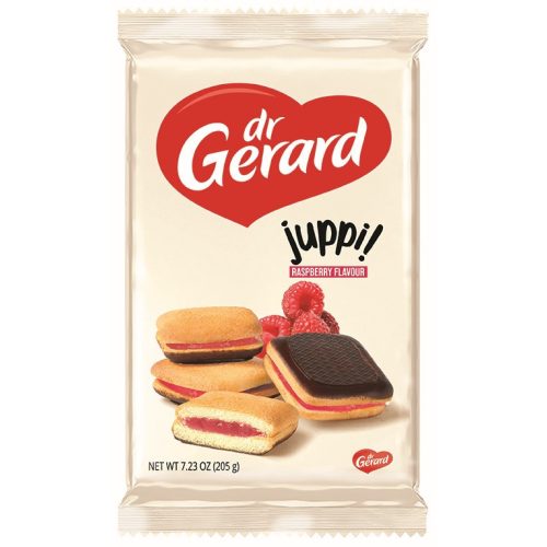 Dr. Gerard Juppi! piskótakocka málnaízű töltelékkel és kakaós mázzal 205g
