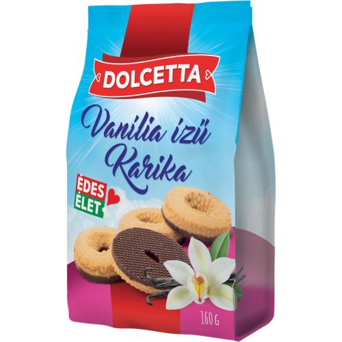 Dolcetta vaníliás ízű karika, kakaós bevonóval részben mártott sütemény 160g