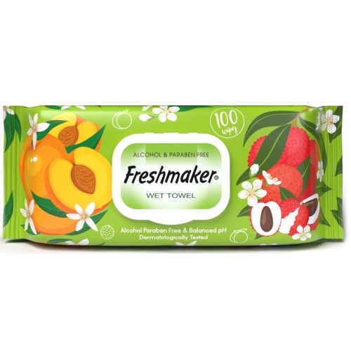 Freshmaker nedves törlőkendő, gyümölcs illatú, 100 lapos, zárható fedéllel (barack-licsi)