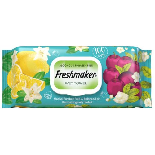 Freshmaker nedves törlőkendő, gyümölcs illatú, 100 lapos, zárható fedéllel (citrom-cseresznye)